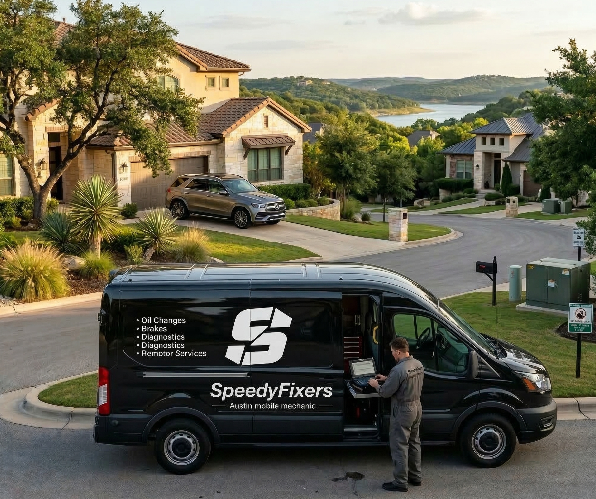 SpeedyFixers mobile mechanic van diagnosing vehicle in Austin TX neighborhood